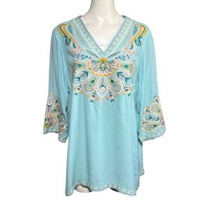 Soft Surroundings River Island Floral Embroidered Tunic Top Aqua Blue Size XL